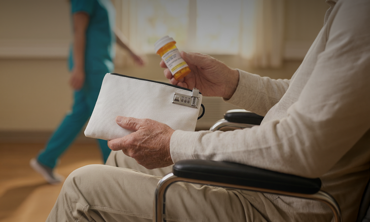 Vaultz lockable medicine storage box with combination latch, designed for home caregivers and senior safety.