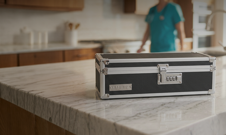 Heavy-duty Vaultz medication lock box with combination lock securing prescription bottles on a home countertop.